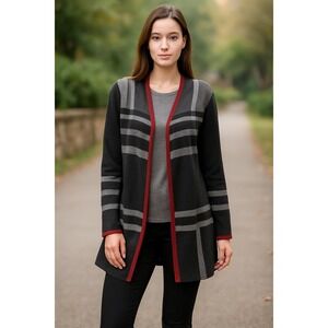 Black Label by Evan-Picone Open Long Cardigan Black/Gray/Red M (NWT)